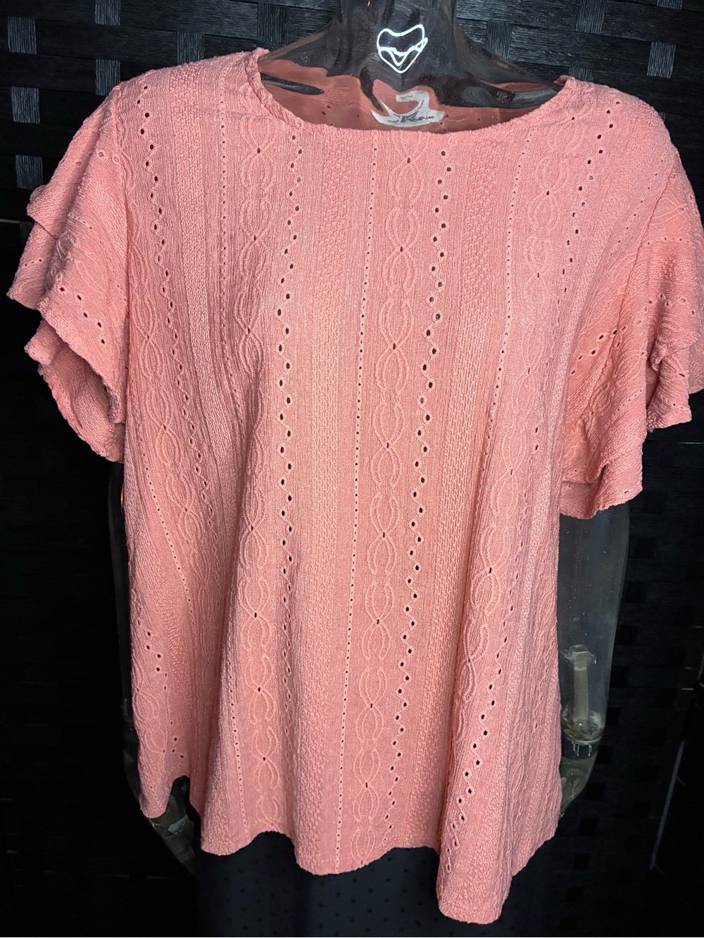 Zoey & Leelo Coral Peach Eyelet Knit Flutter-Sleeve Top